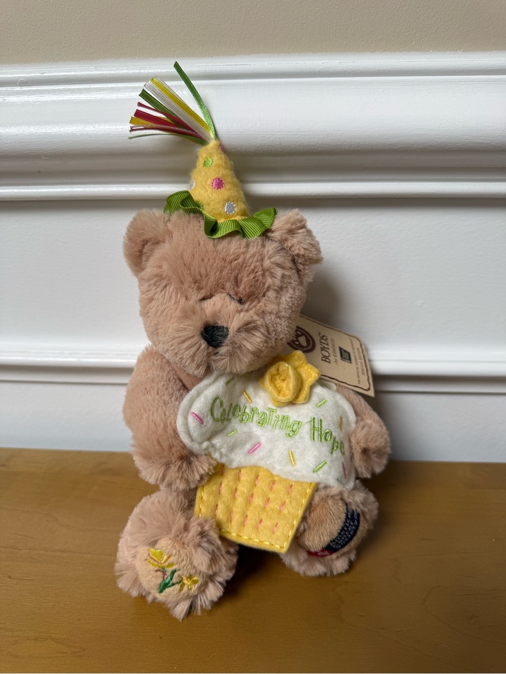 Boyds Bears Tan Bear with American Cancer Society Patch and Yellow Hat